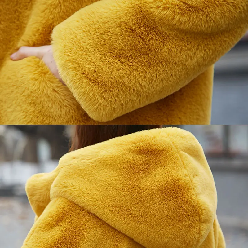 Зимнее женское меховое пальто однотонного цвета размера плюс, теплое длинное пальто из кроличьего меха, женская верхняя одежда с отворотом, брендовая Толстая куртка 402