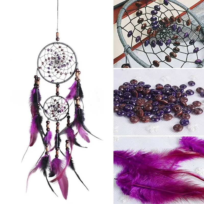 1pc Feather Crafts Purple Dream Catcher Wind Chimes Handmade Dreamcatcher Net With Feather Beads for Wall Hanging Car Home Decor