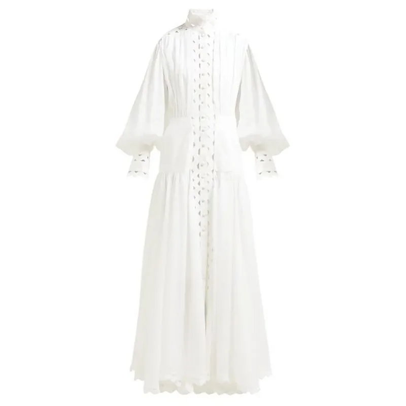 CHICEVER летнее открытое женское платье со стоячим воротником и рукавами-фонариками с высокой талией, приталенное платье длиной до лодыжки, Женская мода, новинка - Цвет: white