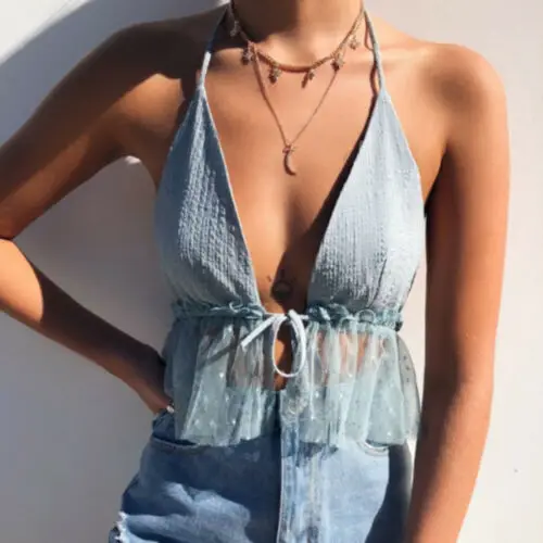 الصيف مثير المرأة أكمام عارية الذراعين سترة أعلى V الرقبة الرسن قصيرة Bralette بوستير شبكة الكشكشة أزياء قمصان