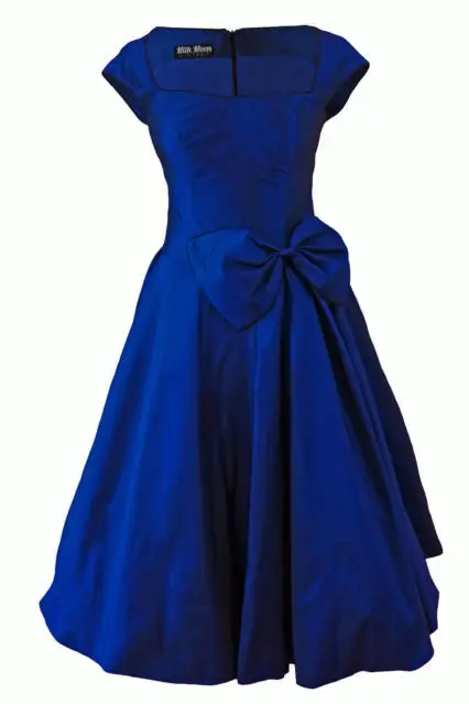 New Vintage 1950s 60s Rockabilly Blue Purple Black Bow Swing Party Evening Dress 