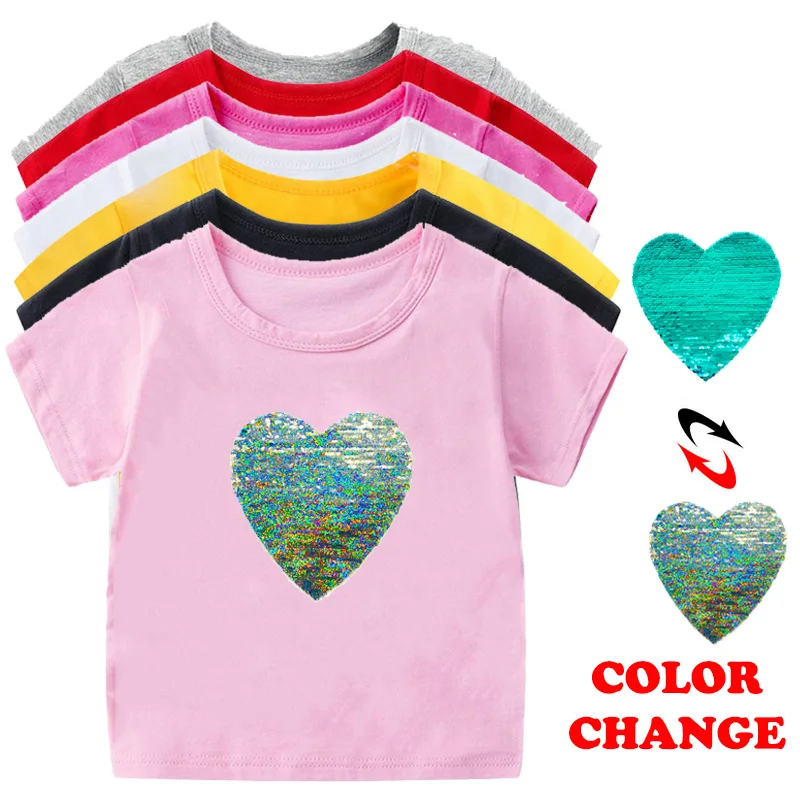 

Reversible Flitter Sequin Baby Girls Tops Cotton Princess Shirt Short Sleeve Tee Shirt for Kids Girls Summer Clothing T Shirts