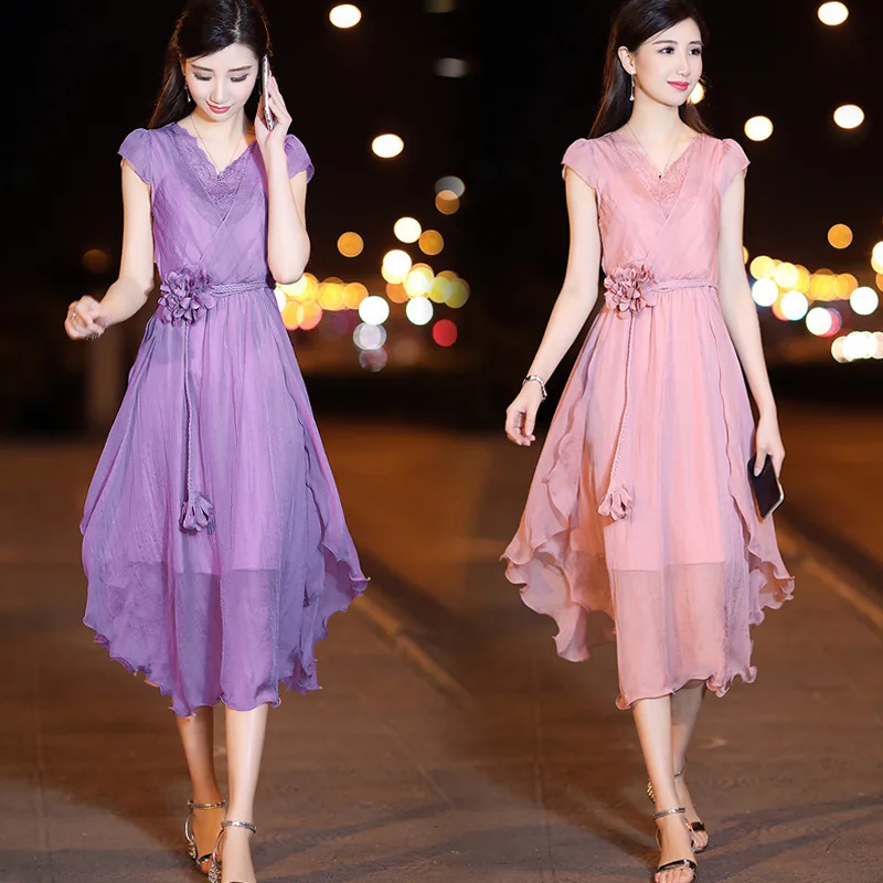 Шифоновое платье летнее тонкое темпераментное популярное летнее платье с v-образным вырезом темпераментное платье с тонкой талией кружевное платье феи