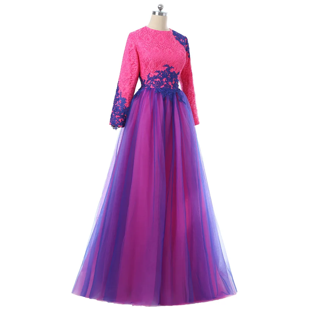 Fuchsia 2019 Muslim Evening Dresses A Line Long Sleeves Tulle Lace Islamic Dubai Abaya Hijab Long Evening Gown Saudi Arabia May 2020