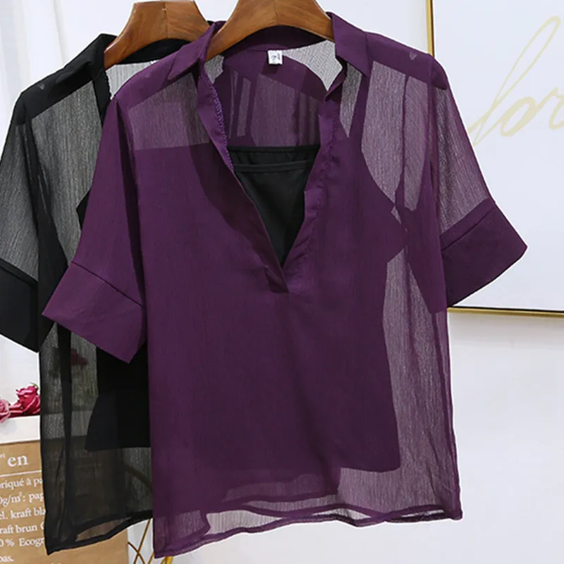 

Women Shirts Chiffon Blouse Women Summer Lace Shirts for Women Korean Mesh Blouses Woman Plus Size Tops Ladies Vneck Tops XL/XXL