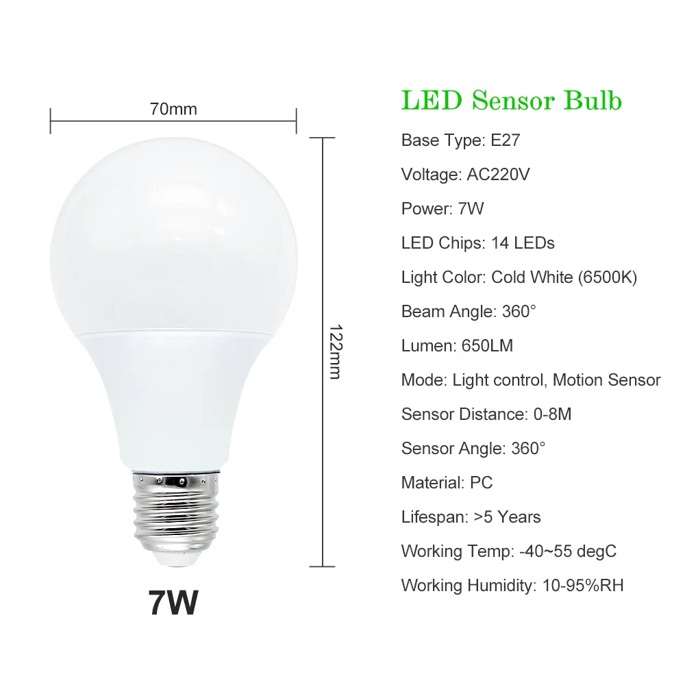 1 x ампулы движения Сенсор 5 W 7 W 9 W 12 W светодиодный лампы E27 220 V в виде радара, сенсорный светильник лампа Lamparas для дома Лестница Путь коридор гараж