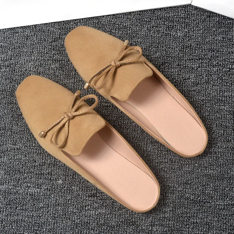 Новые весенние женские туфли без задника с бантиком шлепанцы с закрытым носком женские Вьетнамки, размеры 34-43, обувь на плоской подошве feminino