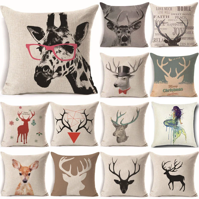 

43*43cm Deer Christmas Cotton Linen Throw Pillow Cushion Cover Car Home Decor Bed Sofa Decorative Pillowcase funda cojin 40222