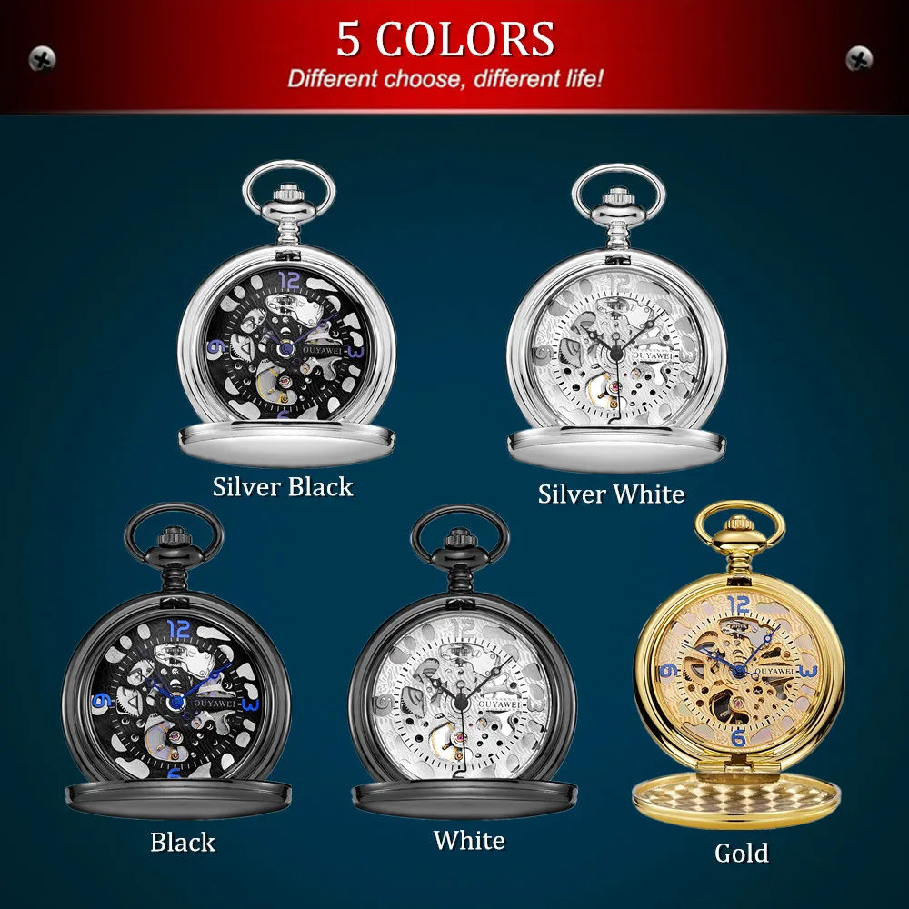Новый OYW бренд рука ветер механические серебристый белый карманные часы Для мужчин модные циферблат Скелетон ожерелье кулон мужской часы