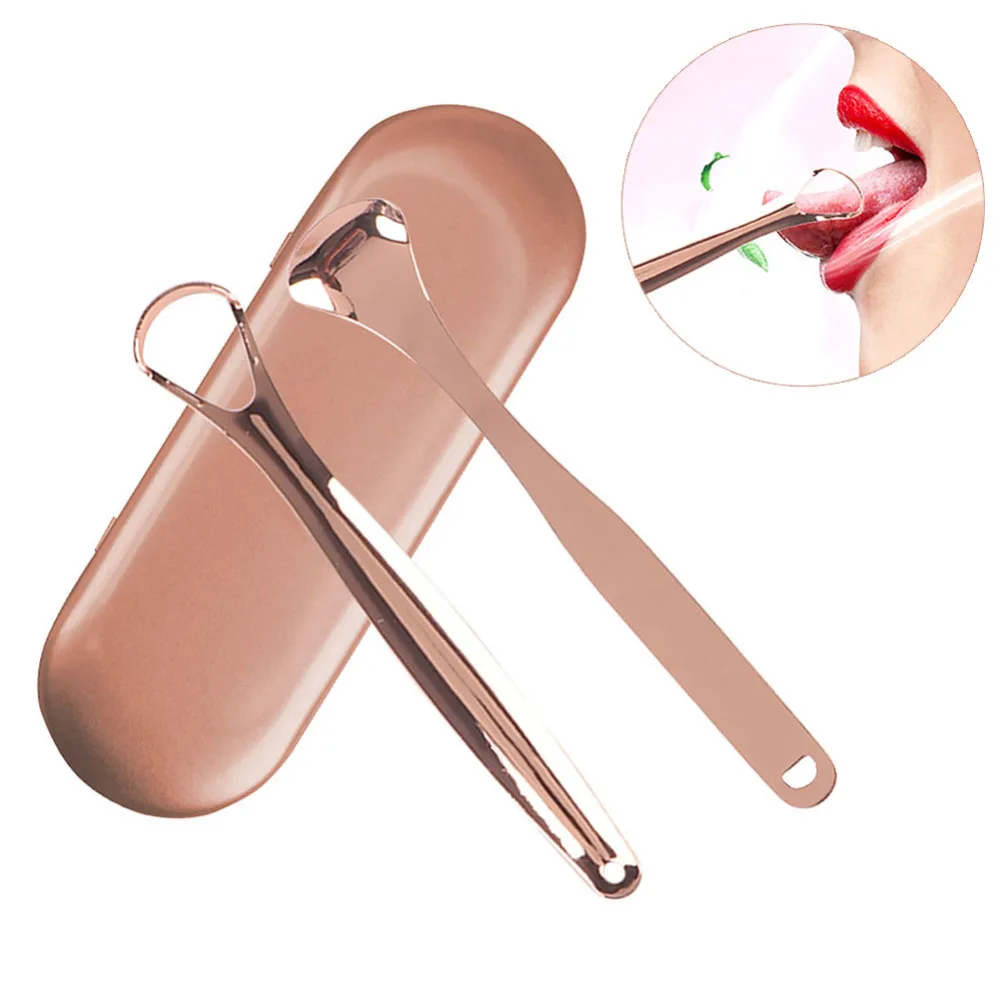 2pcs Tongue Scrapers Reusable Stainless Steel Oral Tongue Cleaner Brush+ box Fresher Sweepers Oral Hygiene Care fresh breath J71 - Цвет: Rose gold