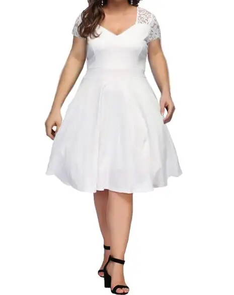 

New Solid Color Large Size Loose Casual Dress Large Size Solid Color V-neck short-sleeved Lace Dress Summer Dresses Plus Size