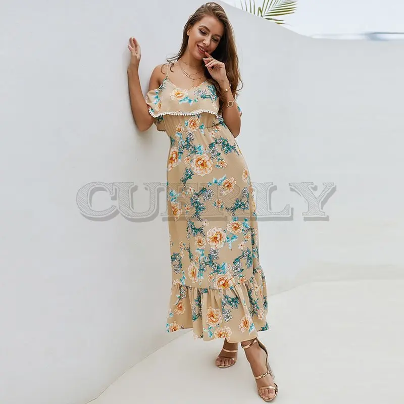 

CUERLY Summer Long Floral Dress Women Elegant Chiffon Robe Chic Print Ruffle Sexy Strap Sundress Boho Backless Beach Maxi Dress