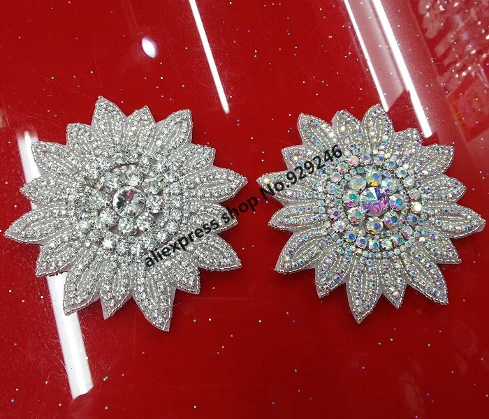

2pcs/lot 11cm big round flower crystal applique for snow boots decoration AB crystal trimmings for hat crafts garment accessory