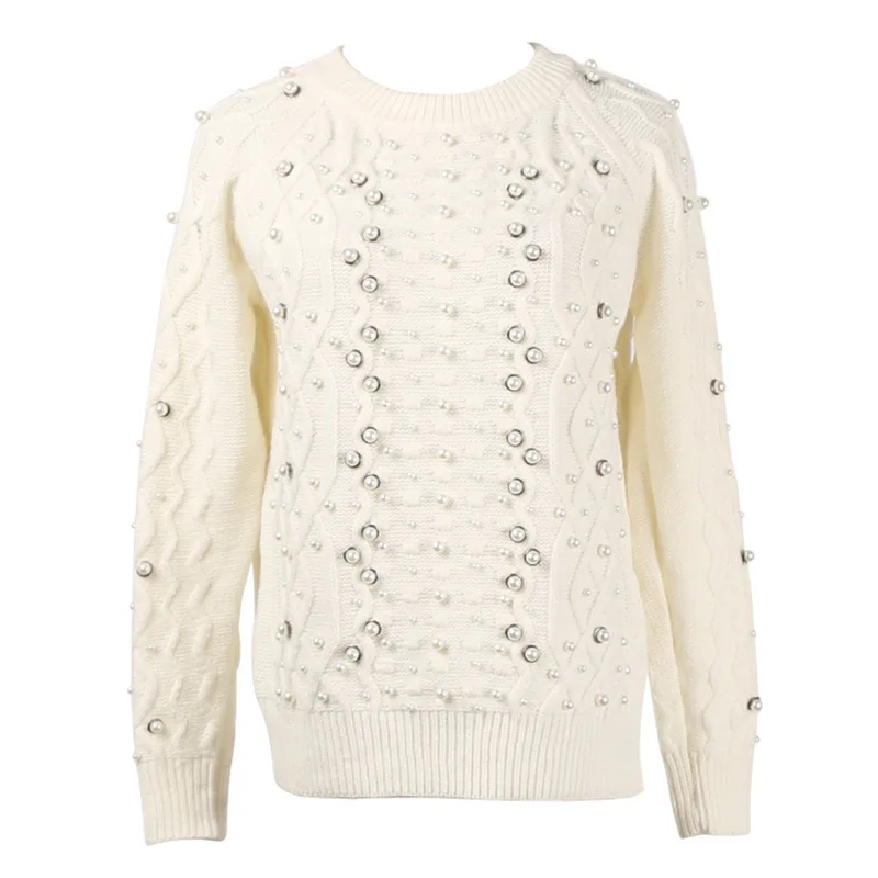 

American new heavy-duty ordered pearl button pattern diamond geometric round collar long sleeve knitted sweater woman