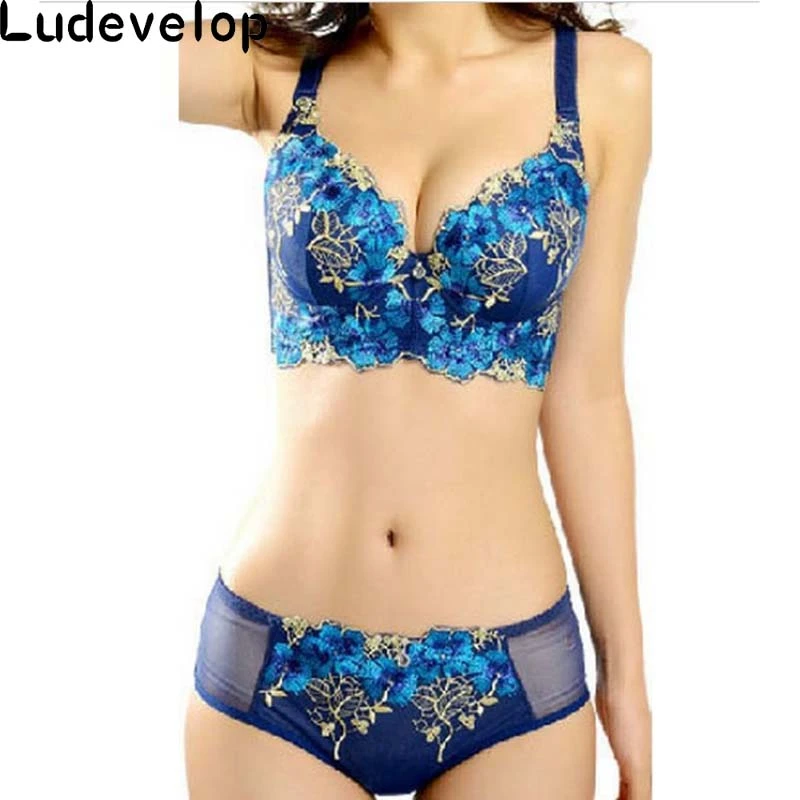 high quality deep V brand sexy big size push up bra set floral embroidery lace women underwear set bra and panties 32-38ABCD sexy bra panty set