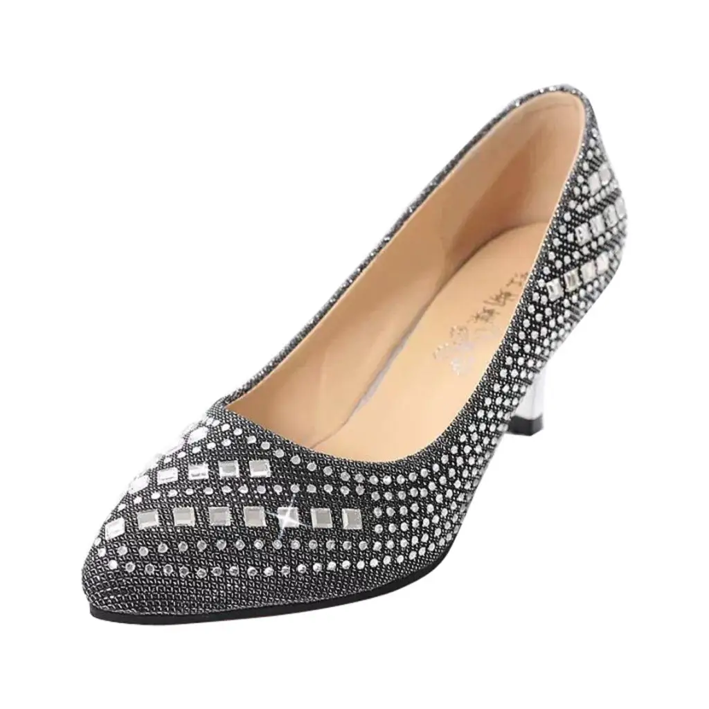 

GAORUI spring Tide women's new med heel rhinestone pumps glitter wedding pointy sexy nightclub shoes silver golden black white