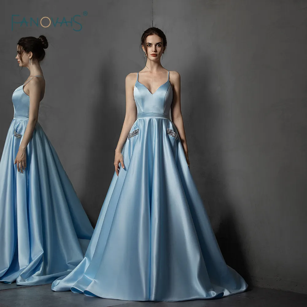 Satin Evening Dresses Long Straps V Neck A-Line Crystal Beaded Lace Up Light Blue Evening Gown with Pocket Robe de Soiree NE61 Satin Evening Dresses Long Straps V Neck A-Line Crystal Beaded Lace Up Light Blue Evening Gown with Pocket Robe de Soiree NE61