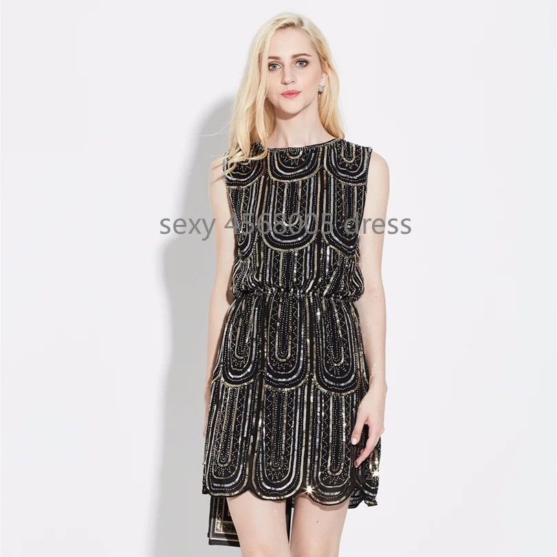 

Luxury Women Embroidery Sleeveless Elastic Waist Vintage Chiffon Mini Party Dress 1920s Gatsby Beaded Sequin Little Black Dress