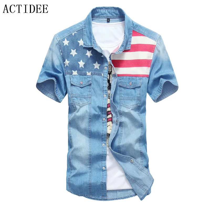 

2018 Short Sleeved Summer Denim Shirt Men Print Star Jeans Shirts Men