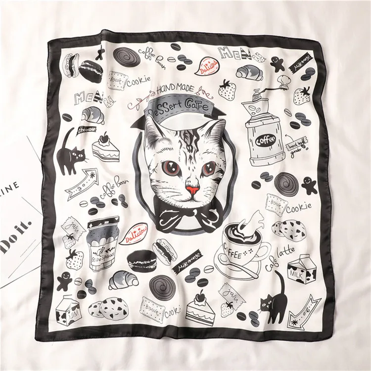 Luxury Brand New Fashion Summer Silk Square Scarf Women Cat Print Satin Neck Hair Tie Band Beach Hijab Head Female Foulard - Цвет: 3