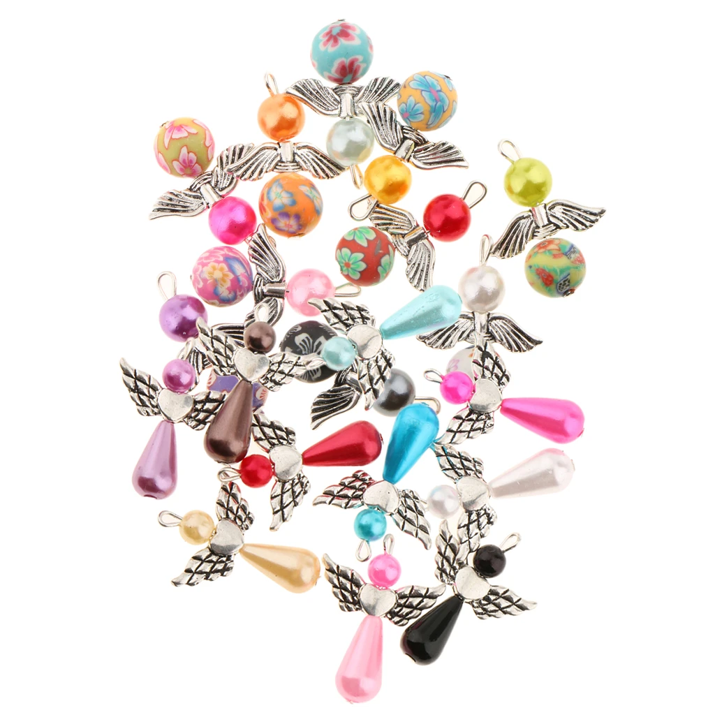 20 Polymer Clay Pearl Beaded Angel Wing Charms Pendants DIY Jewelry Findings