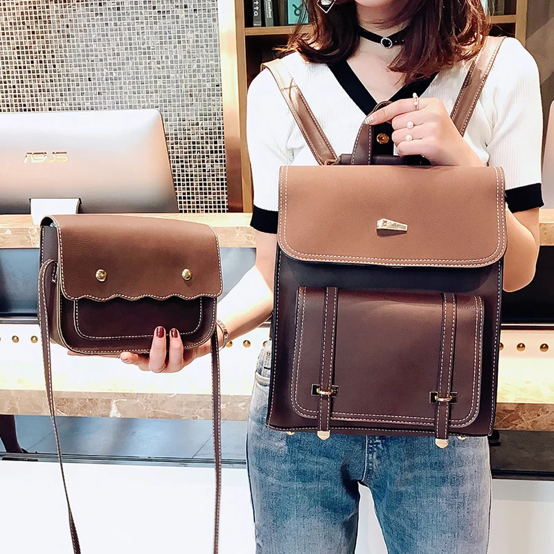 Two sets 2018 Fashion Women Backpack High Quality pu Leather Backpacks Teenage Girls Female School  - 32905955793