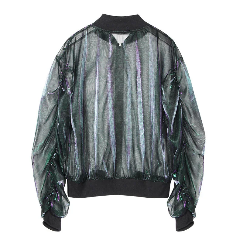 Women 2 Colors Ragged Chiffon Bomber Jacket Net Yarn Long Sleeve Loose ...