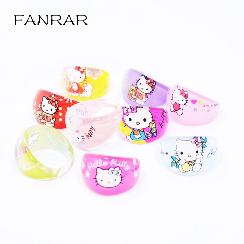 

Trendy 10pcs lovely animation cartoon Children Hello Kitty KT Cat Acrylic Rings for kids girl child jewelry accessories Gifts
