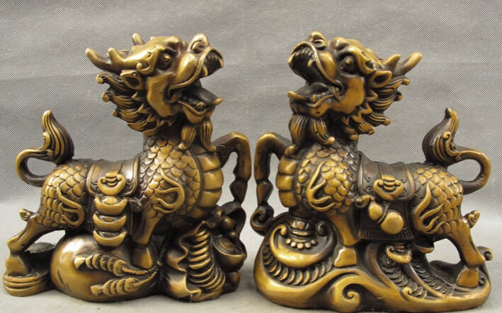 

song voge gem S4360 Chinese Bronze Wealth RuYi Treasure Guardian Dragon Kylin Beast Statue Pair
