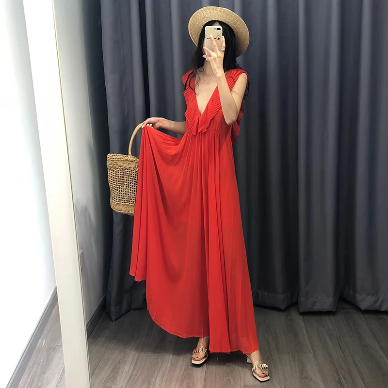 

BIAORUINA Women's Orange Sexy Sleeveless Deep V-neck Maxi Dress Ladies Elegant High Waist Backless Summer Party Dress Vestidos