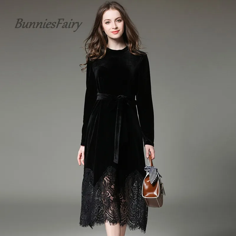 BunniesFairy 2017 осеннее и зимнее винтажное бархатное ажурное кружевное платье с