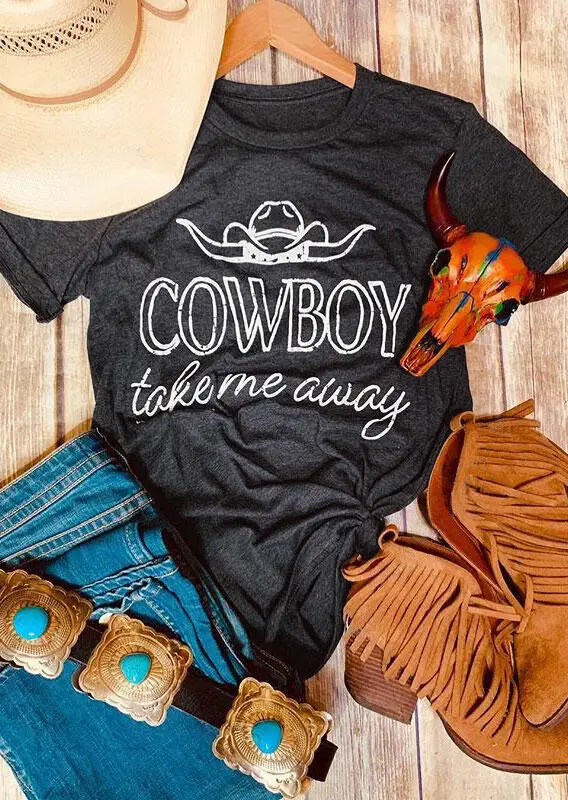 

Women Cowboy Take Me Away T-Shirt Tee Dark Grey Female Tumblr Harajuku Kawaii Tee Shirt Graphic Tops 90S Aesthetic Clothes