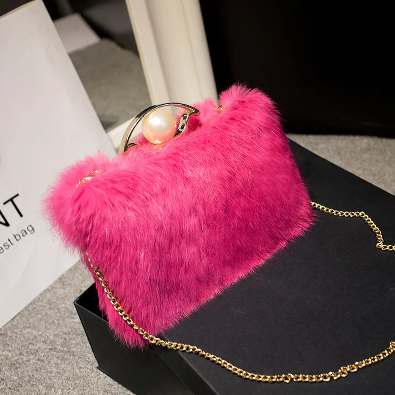 

Lady Clutch Bag With Chain Shoulder Party Prom Wedding Envelope Handbag rabbit hair plush hand grip Small Evening Clutch Bags