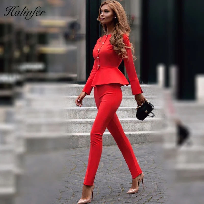 High Quality Rayon Women Occupation Suit Red Top & Full Length Pants Trousers Two 2 Pieces Set Bandage Jumpsuits Dropshipping High Quality Rayon Women Occupation Suit Red Top & Full Length Pants Trousers Two 2 Pieces Set Bandage Jumpsuits Dropshipping