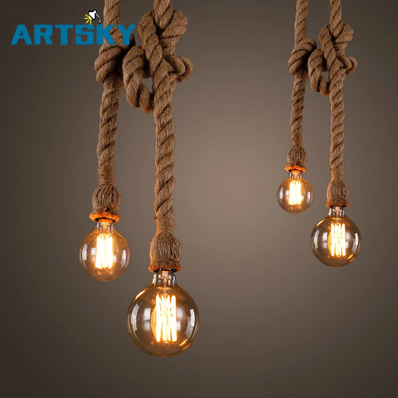 

Retro Vintage Rope Pendant Light Lamp Loft Industrial Single/Double Head E27 Pendant Lamp Edison Bulb For Living Room