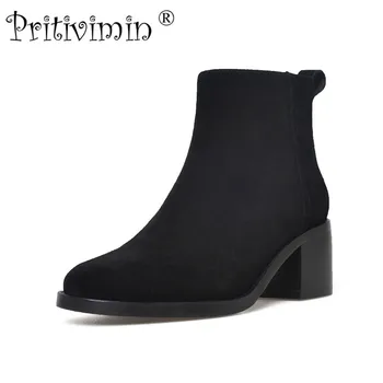 

2018 New ladies high quality lined spring shoes woman genuine leather thick high heels autumn ankle boots Pritivimin FN169