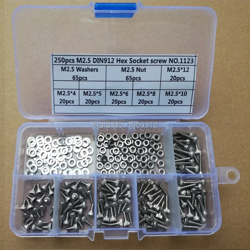 

250Pcs/set DIN912 M1.6 M2 M2.5 M3 304 Stainless Steel Hexagon Socket Head Cap Screws Bicycle Hex Bolts Assortment Mix Kit