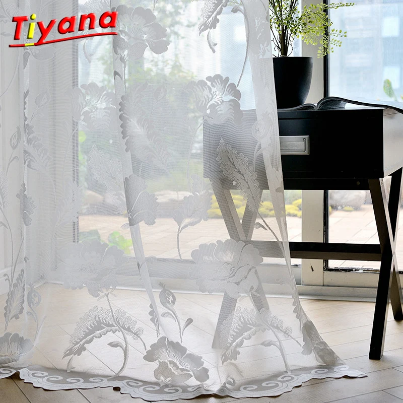 

White Floral Design Jacquard Sheer Tulle Panels for Windows Cortina for The Living Room Bedroom Rideau valance curtain WP101*30
