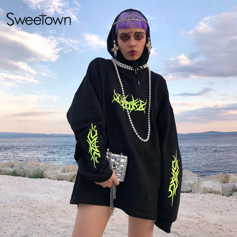 Sweetown Neon Print Oversized Gothic Hoodies Streetwear Sudadera Mujer Winter Clothes Women Long Sleeve Long Hoody Sweatshirt