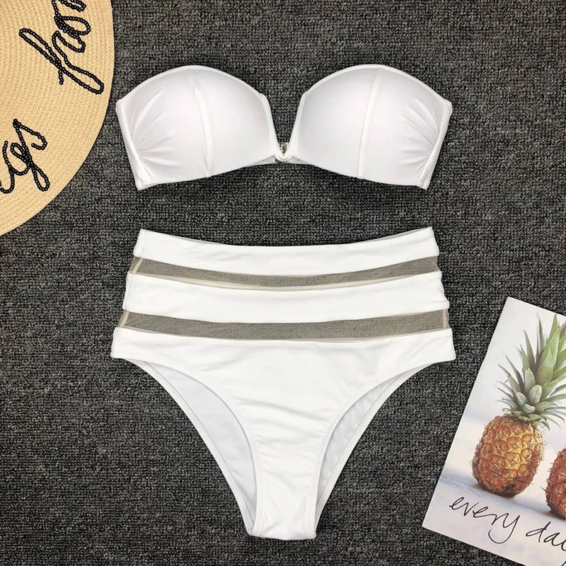 Preise 2020 neue Sexy Hohe Taille Bikini Frauen Mesh Badeanzug Push Up Bademode Off Schulter Bikini Set Solide Badeanzug Sommer beachwear