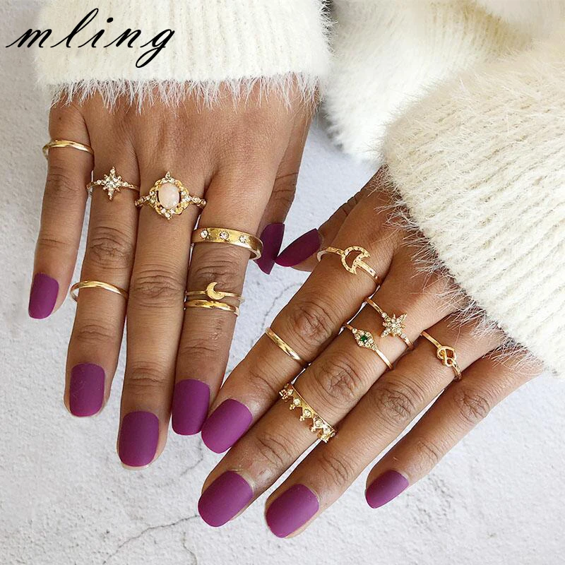 13Pcs/Set Vintage Star Opal Crystal Finger Ring Set Bohemian Gold Moon
