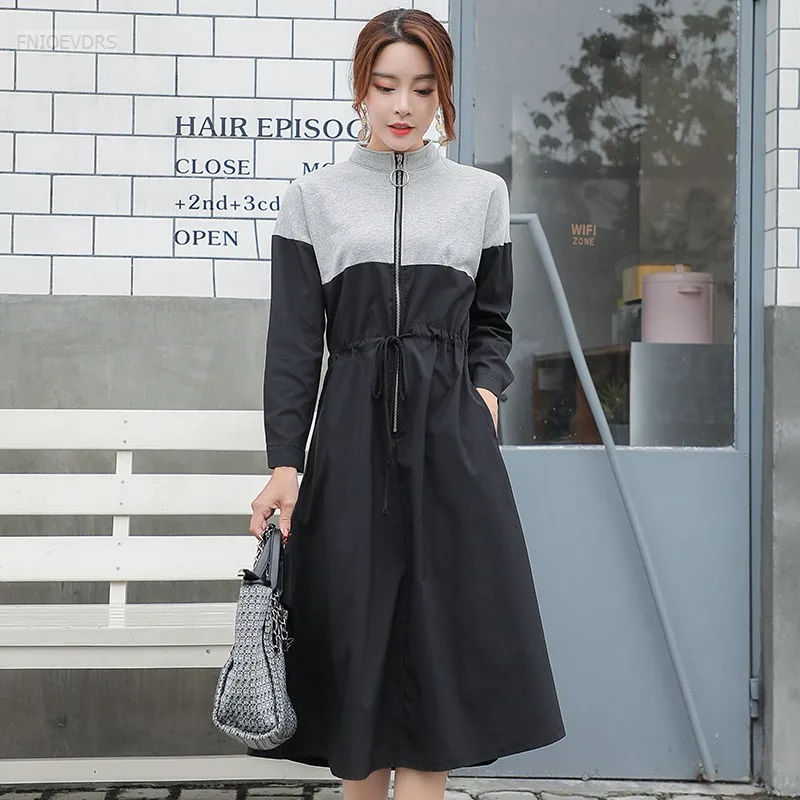 Tanie Jesień zima Cardigan projekt sukienki kobiety moda z długim rękawem elegancki powrót Patchwork Casual długi zamek błyskawiczny sukienka z golfem 9511