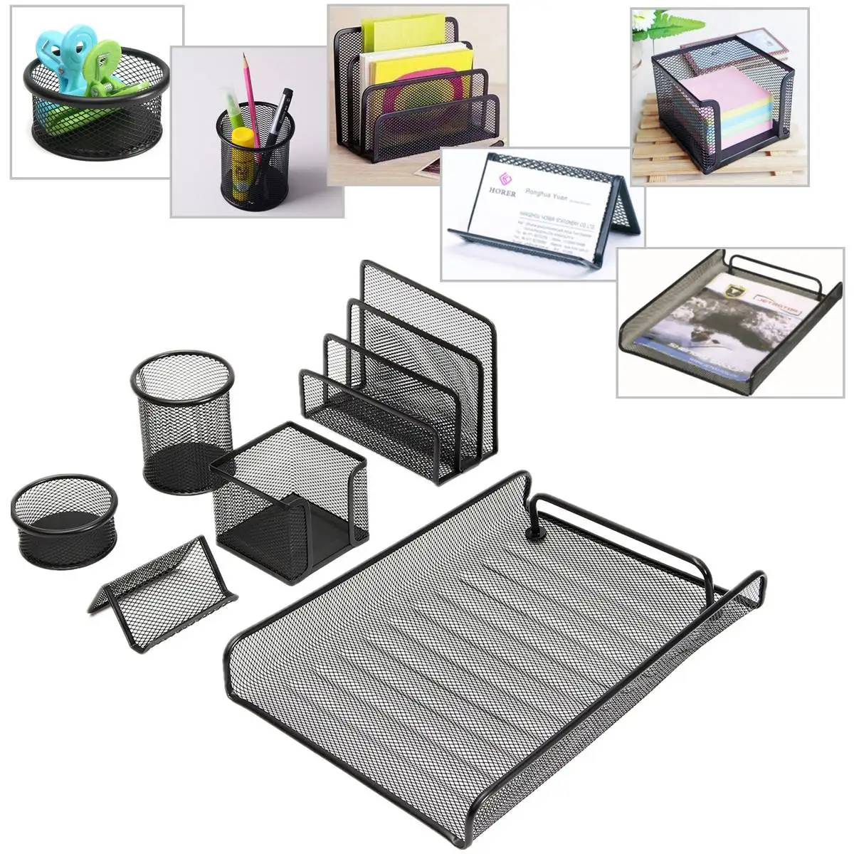 

6 In 1 Desk Office Table Organizer Supplies Pen Pencil Holder Storage Mesh Document Tray Convenient Durable Metal Material