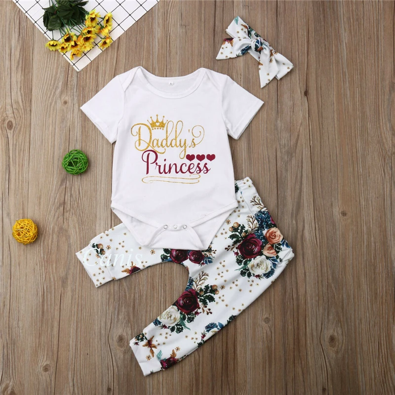 Новый 2019 Father's Day новорожденный малыш из 3 предметов для маленьких девочек короткий рукав комбинезон + брюки с цветочным принтом + повязка на