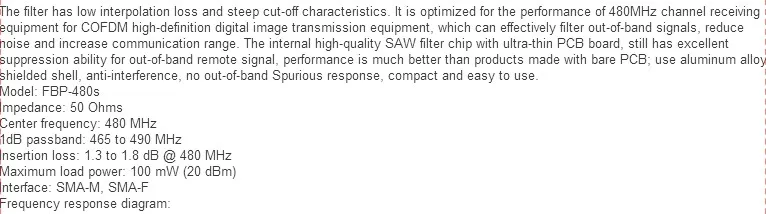 Фильтр пилы 480 MHz, передача цифрового изображения высокой четкости COFDM выделенная, полоса пропускания 25 MHz