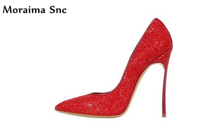 

Moraima Snc 20108 popular wedding pumps shallow slip-on pointed toe thin high heels PU leather colorful bling chic women pumps