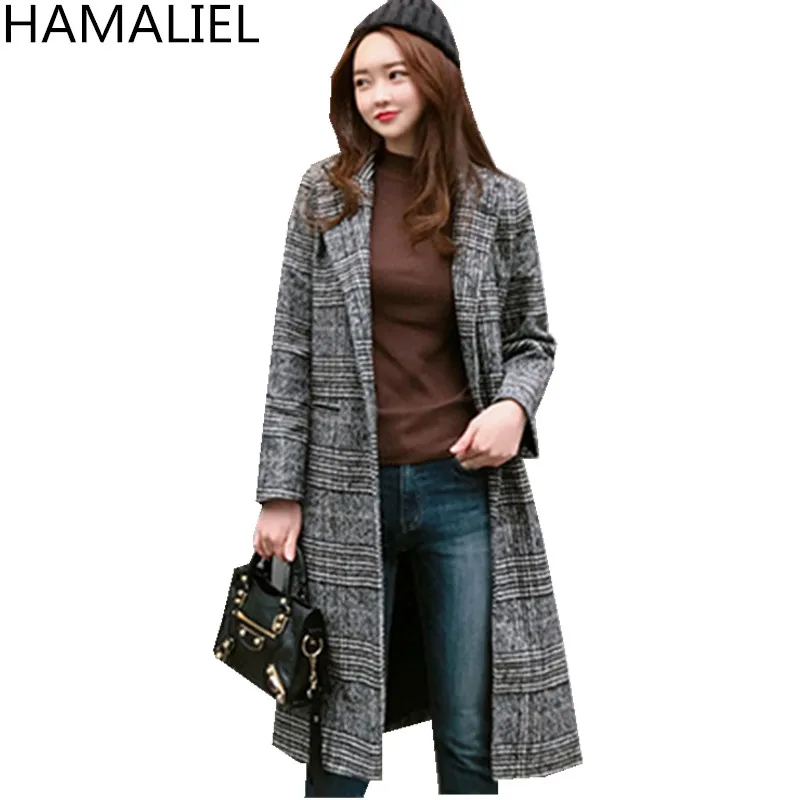 

HAMALIEL Autumn Winter Women Woollen Outerwear 2019 Runway Black Plaid Tweed Blends Wool Turn Down Collar Casual Long Wool Coat
