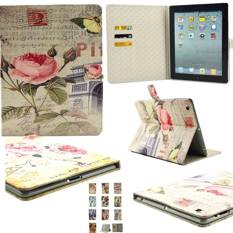 

10 Retro Patterns Flip Case For Apple iPad 2 Case For Ipad 3 IPad 4 Fashion Flower Book Stand Girls Tablet Cover Cases 9.7 Inch