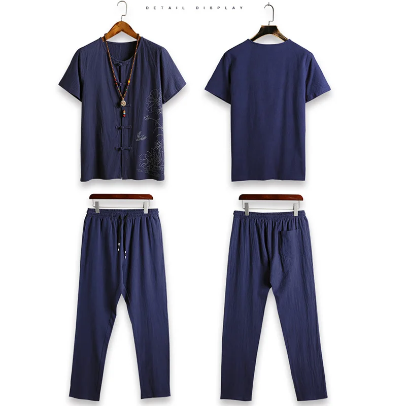 2019 Fashion New Men's Sportswear Suits Large size 5XL Mens Short Sets Summer Casual Solid Color Linen T-shirts+trousers 2 Piece