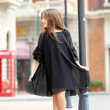 Черные дизайнерские платья для девочек 6, 8, 10, 12, 14, 16 лет, вечерние шифоновые платья с рюшами для девочек-подростков, детские летние Расклешенные платья с короткими рукавами